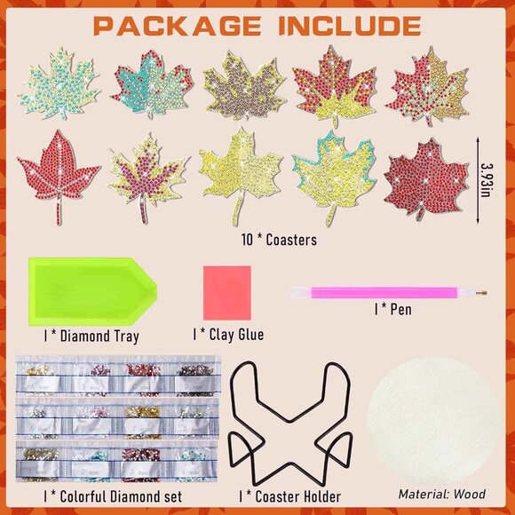 10 Pcs Diamond Art Coasters with Holder, DIY Maple Leaf Diamond Painting Coaster - Picture 3 of 7